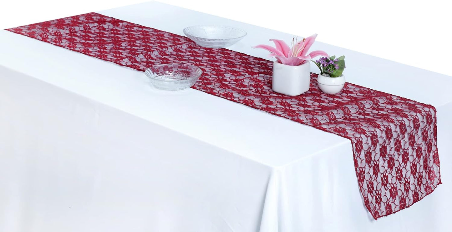 MDS Pack of 20 Wedding 12 x 108 inches Lace Table Runner for Wedding, Decorations for Birthday Parties, Banquets, Graduations, Engagements, and Runners fit Rectangle, Round Table- Maroon