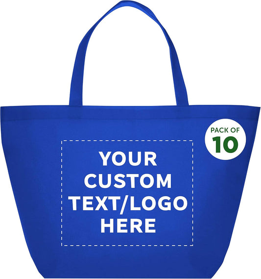 DISCOUNT PROMOS Custom Southern Style Grocery Tote Bags Set of 10 - Personalized Bulk Pack, Reusable Grocery & Shopping Bags - Great for Travel, Carry on Bag, Business Promotions - Blue - 20"X13"X8"