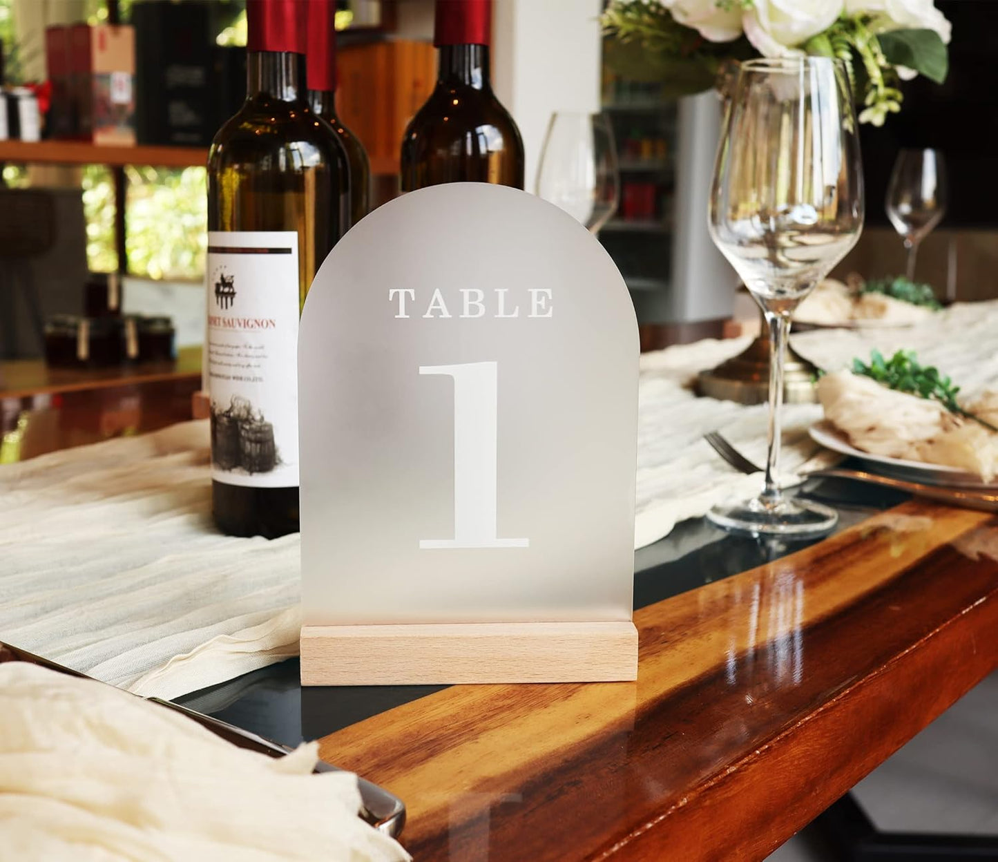 Wedding Table Numbers 1-25, Acrylic Arch Signs with Natural Wood Stands Holders, Rustic Table Decor for Reception & Parties (Frosted White)