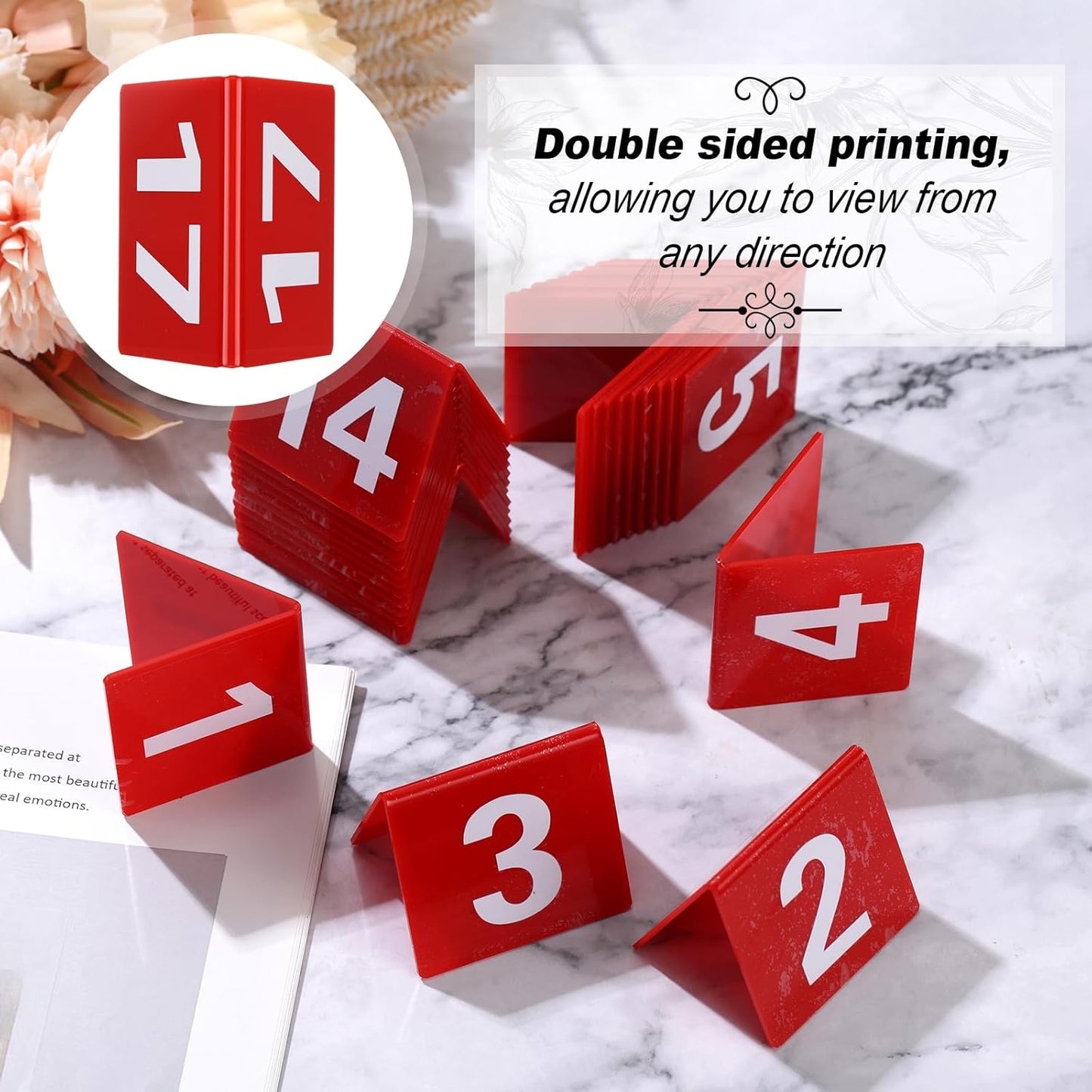 Tuanse Table Numbers 1-25 Acrylic Double Side Numbered Table Tents Plastic Restaurant Wedding Numbers Cards Signs for Party Banquets Wedding Reception(Red, White)