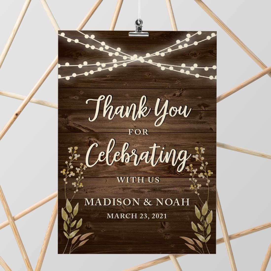 Andaz Press Personalized Extra Large Wedding Easel Party Sign, 12x18-inch, Rustic Wood with Hanging Ball Lights and Florals, Thank You for Celebrating With Us Bride Groom Name Date, 1-Pack, Custom