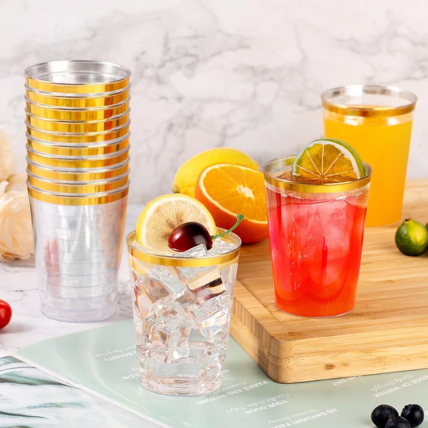 Goodluck 200PCS 14oz Gold Plastic Cups for Party, Disposable Gold Rim Cups, Plastic Cocktail Glasses for Wedding Thanksgiving, Christmas, and Parties