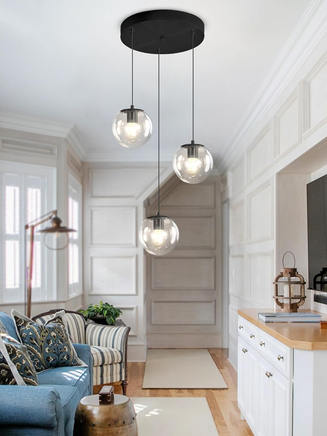 Globe Glass Pendant Light Modern Black Clear Globe Glass Chandelier Mid Century Chandelier 3-Light Hanging Fixture for Kitchen Island Foyer Hallway Dining Room