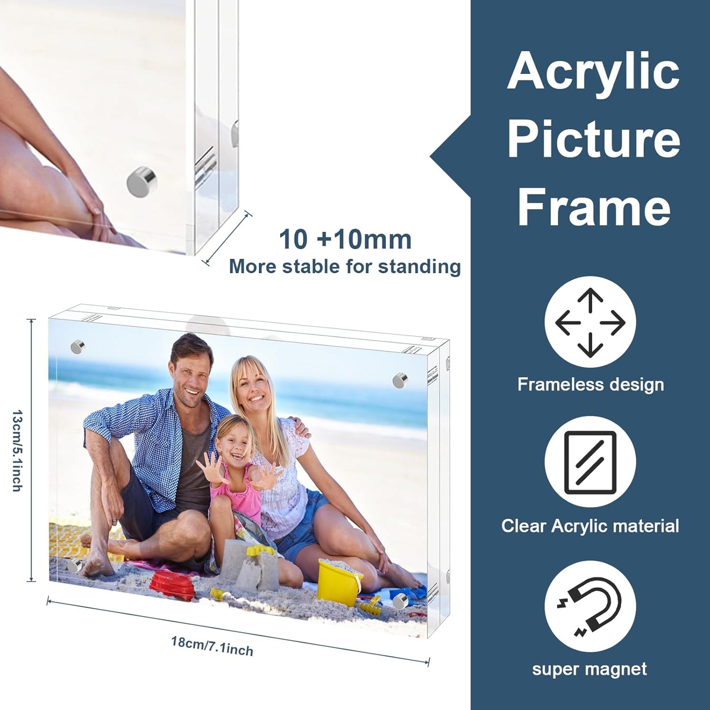 5x7 Acrylic Picture Frames 5 Pack, 10+10MM Premium Acrylic Photo Frame Magnetic Picture Frames Clear Double Holder-Sided, Free Standing Desktop Display, Best Gift for Family, Baby, Friend