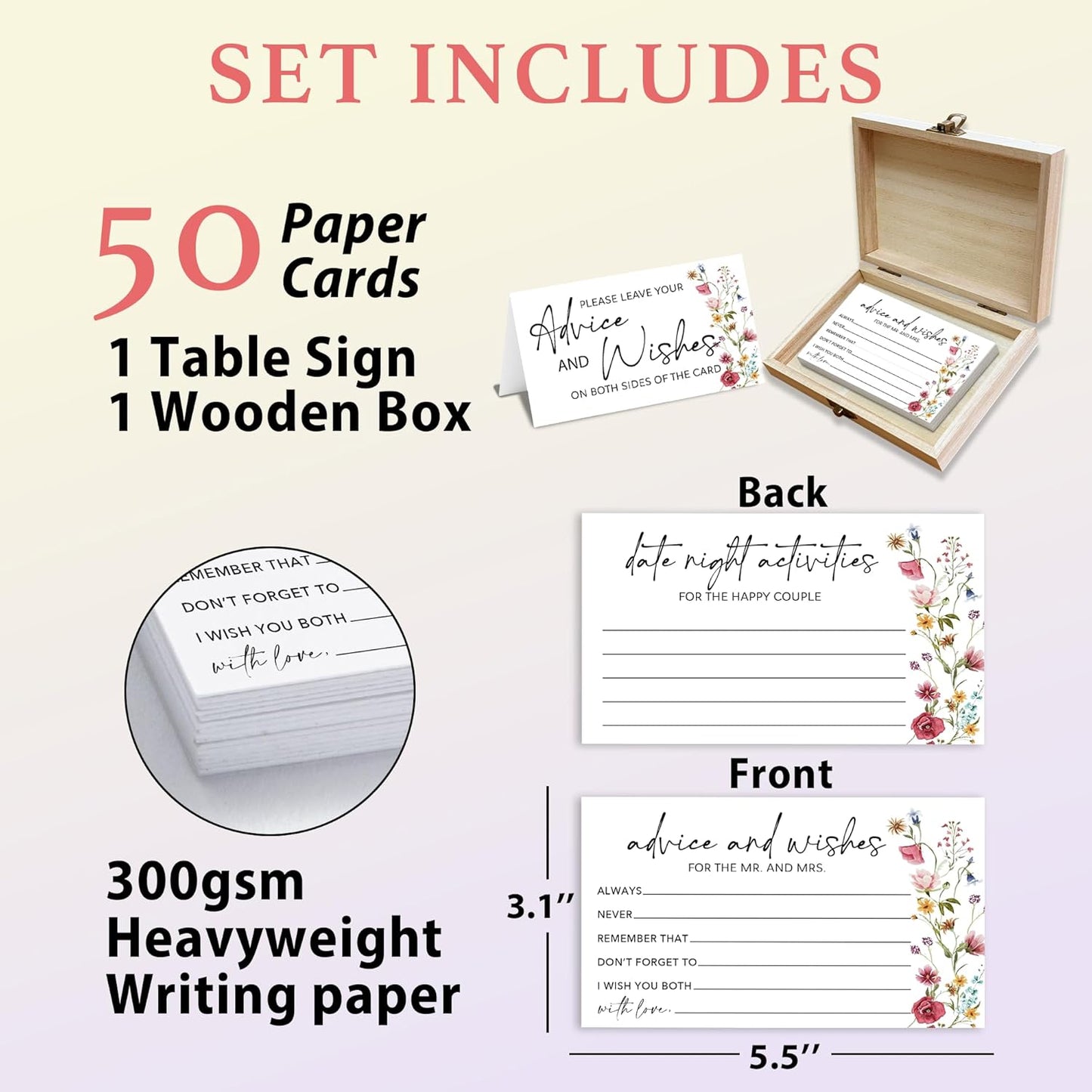 Wildflower Advice and Wishes for the Mr and Mrs - 50 Packs Wedding Advice Cards Bridal Shower Game Cards with Box Reception Guest Book for Bride Groom Newlywed Engagement Party Decoration -A04