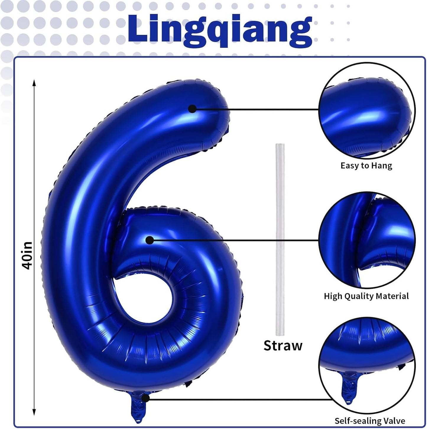 Navy Blue Number 6 Balloon, 40In Large Royal Blue Foil Number Balloons Set 0-9 for Men, Self Inflating Dark Blue Digital 6 Helium Balloon for Boys 6th Birthday Anniversary Party Decoration Supplies