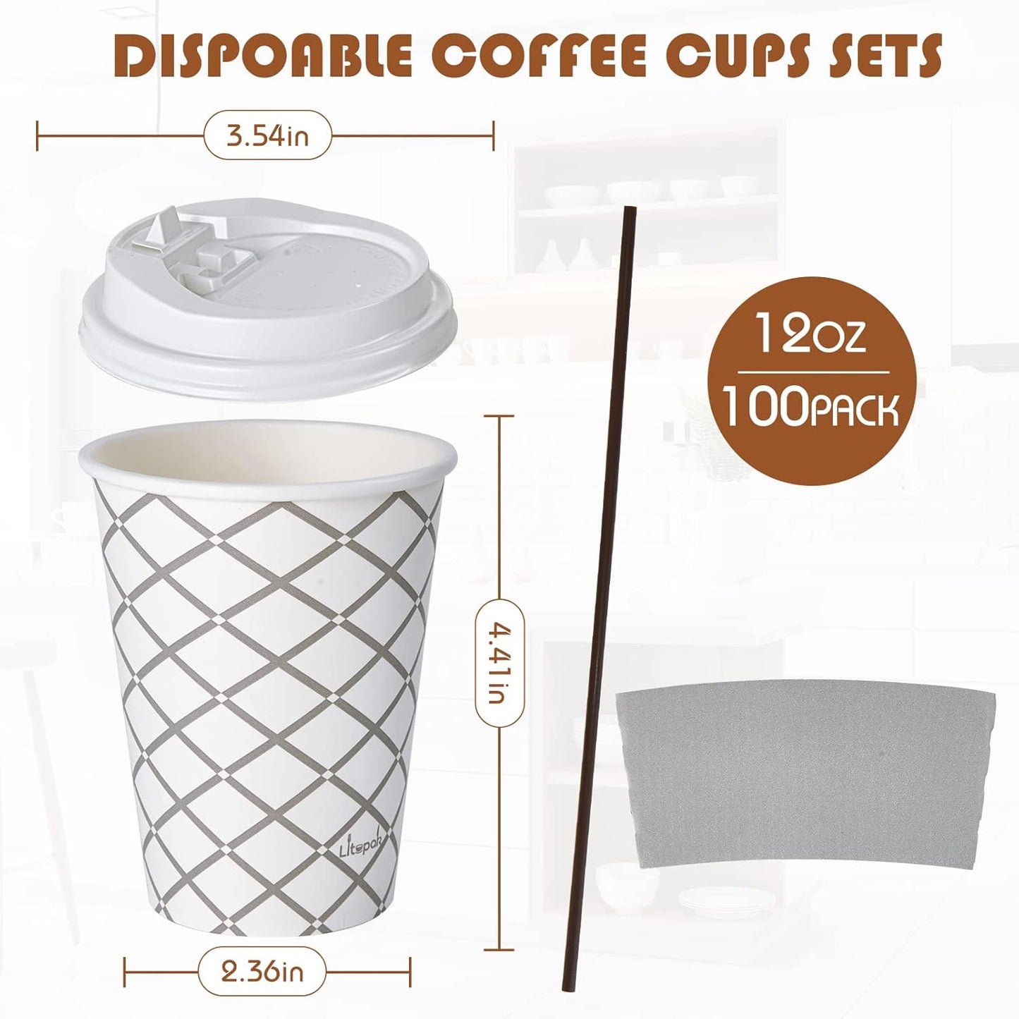 LITOPAK 100 Pack 12 oz Paper Coffee Cups with Lid, Sleeve, and Straws, Four Designs of Disposable Hot Coffee Cups for Home, Stores, and Cafes