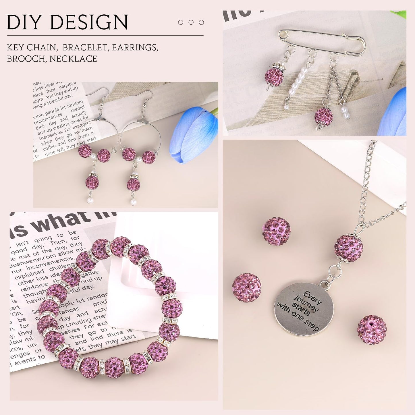 150pcs 10mm Rhinestone Beads for Jewelry Making, Light Purple Shiny Round Shamballa Disco Beads Bulk, Sparkle Crystal Clay Christmas for Bracelet Baseball Necklace Earring Crafting and DIY