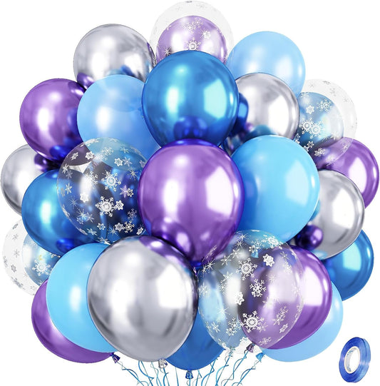 Snowflake Balloons, Pastel Blue Metallic Purple Silver Balloon with Snowflake Latex Balloons Birthday Party Decorations for Girls Birthday Baby Shower Winter Wonderland Christmas Party Supplies