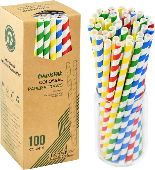 [10MM Wide] 10.25 Inch Extra Long Fat Sturdy Paper Drinking Straws for Smoothies, Milkshakes, Thick Frozen Drinks - 100 Counts, Colorful Stripes - Biodegradable