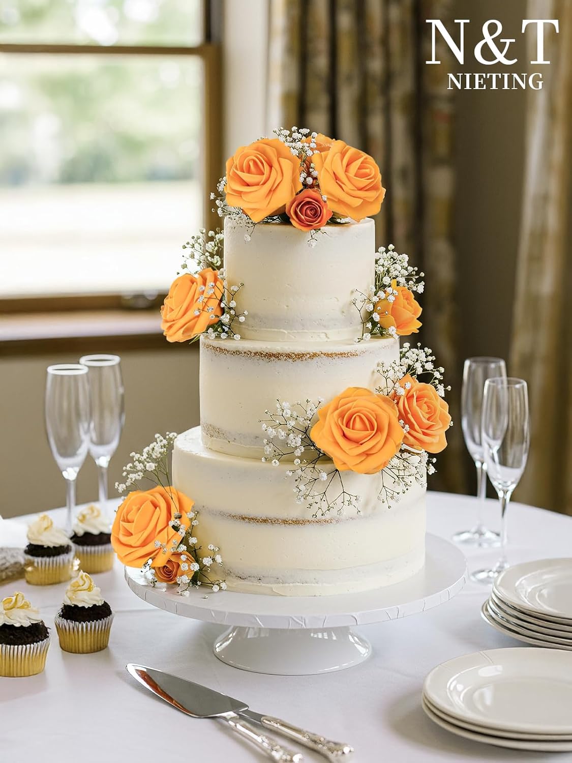 N&T NIETING Artificial Flowers, Fake Flowers Orange Roses Perfect for DIY Wedding Bridal Bouquets Centerpieces Bridal Shower Party Home Flower Arrangement Decorations, 25Pcs