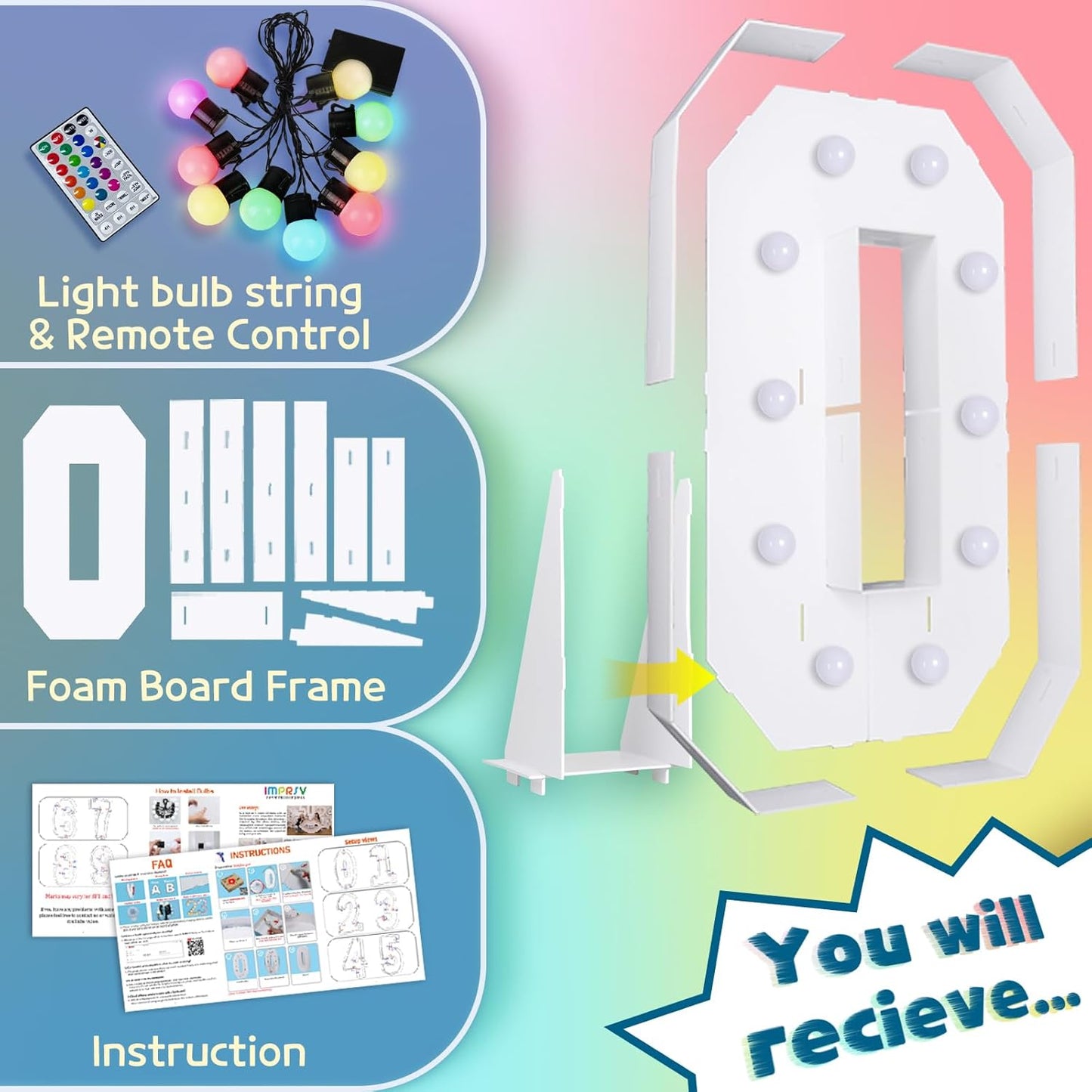 imprsv 4FT Colorful Marquee Numbers,18 Colors Number 0 with Remote, Light Up Numbers Sign for 50th Birthday Decorations Anniversary Party Decor, Pre-Cut Foam Board Kit, Mosaic Sign for Balloon