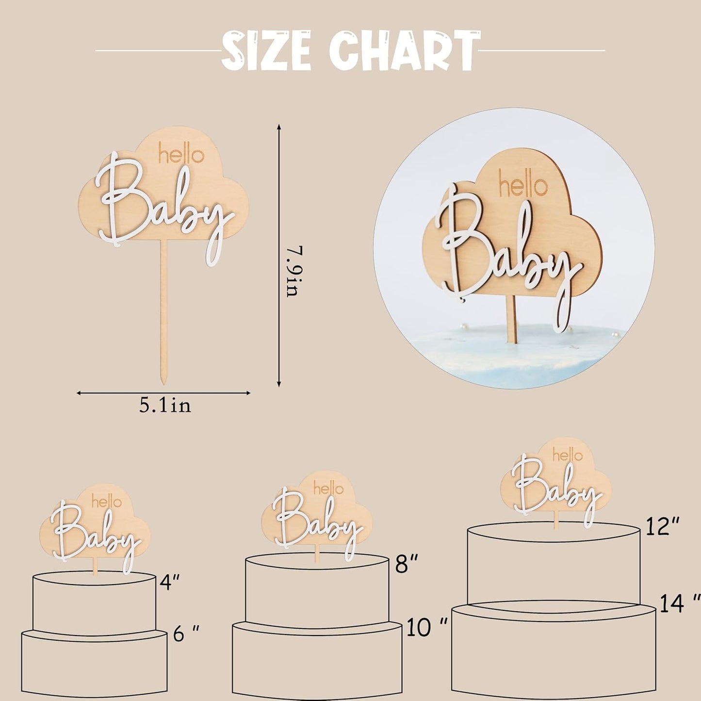 Hello Baby Wooden Cake Topper - Cloud Themed Baby Shower Party Cake Topper，Gender Reveal Party Decoration