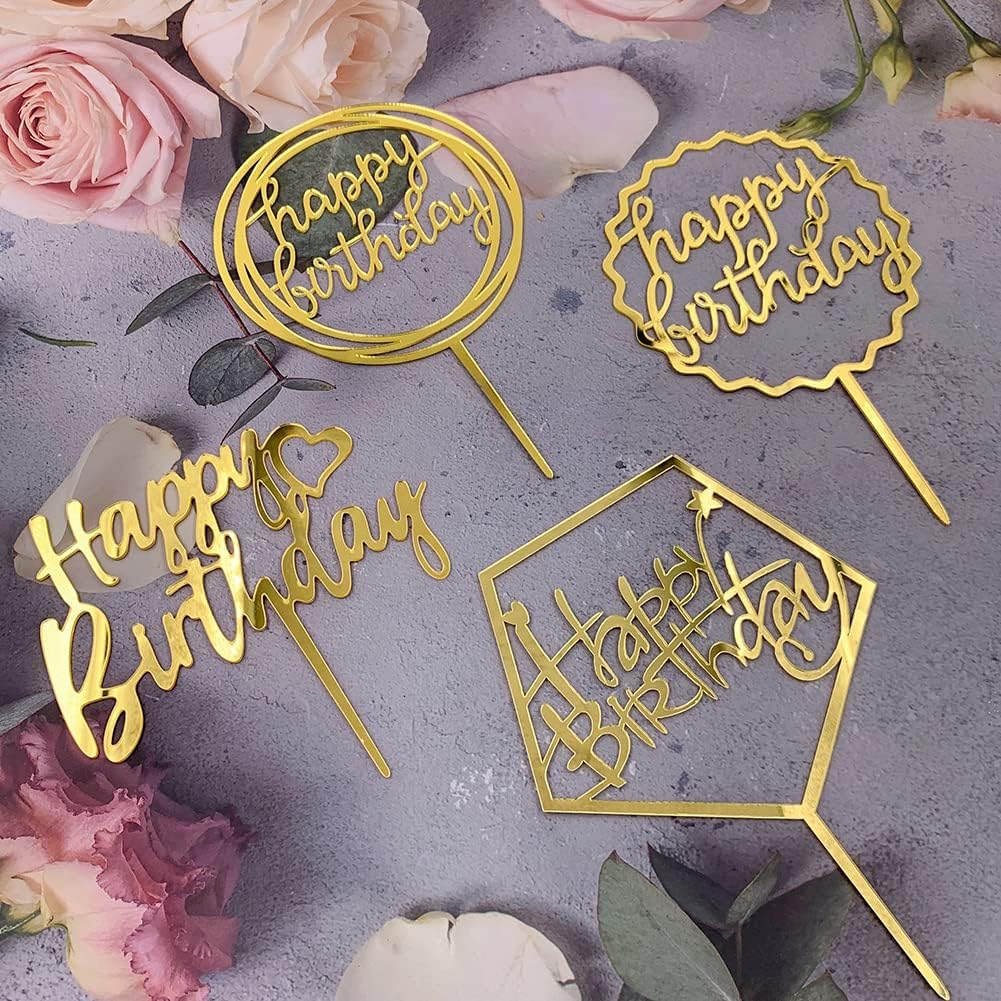 Gold Happy Birthday Cake Topper - Acrylic Cupcake Toppers Decoration Supplies (7 Pieces)