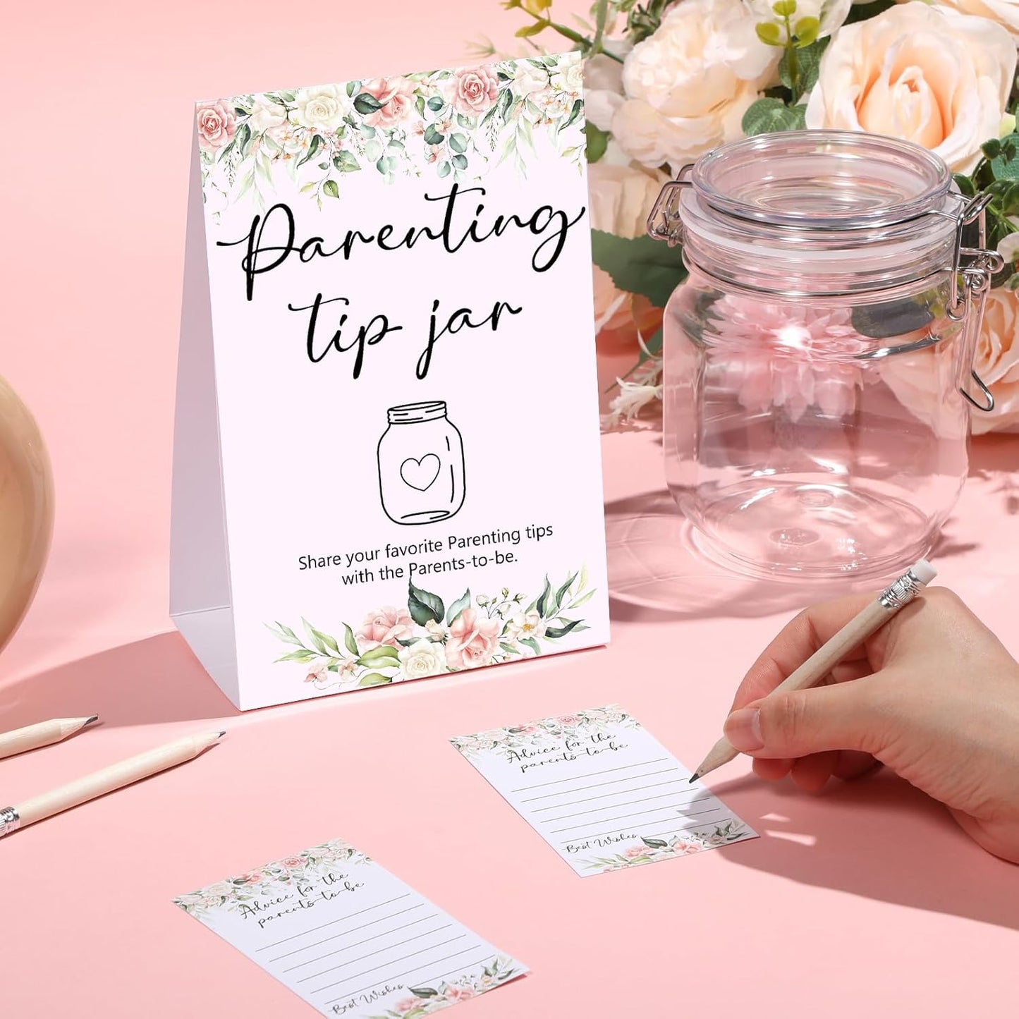 Roowest Baby Shower to Baby Advice Cards for New Parents to Be - Tip Jar Sign for New Parents 60 Parenting Advice Cards 10 HB Pencils 2 Cute Stickers 1 Pet Bottle for Guests Games(Flower)