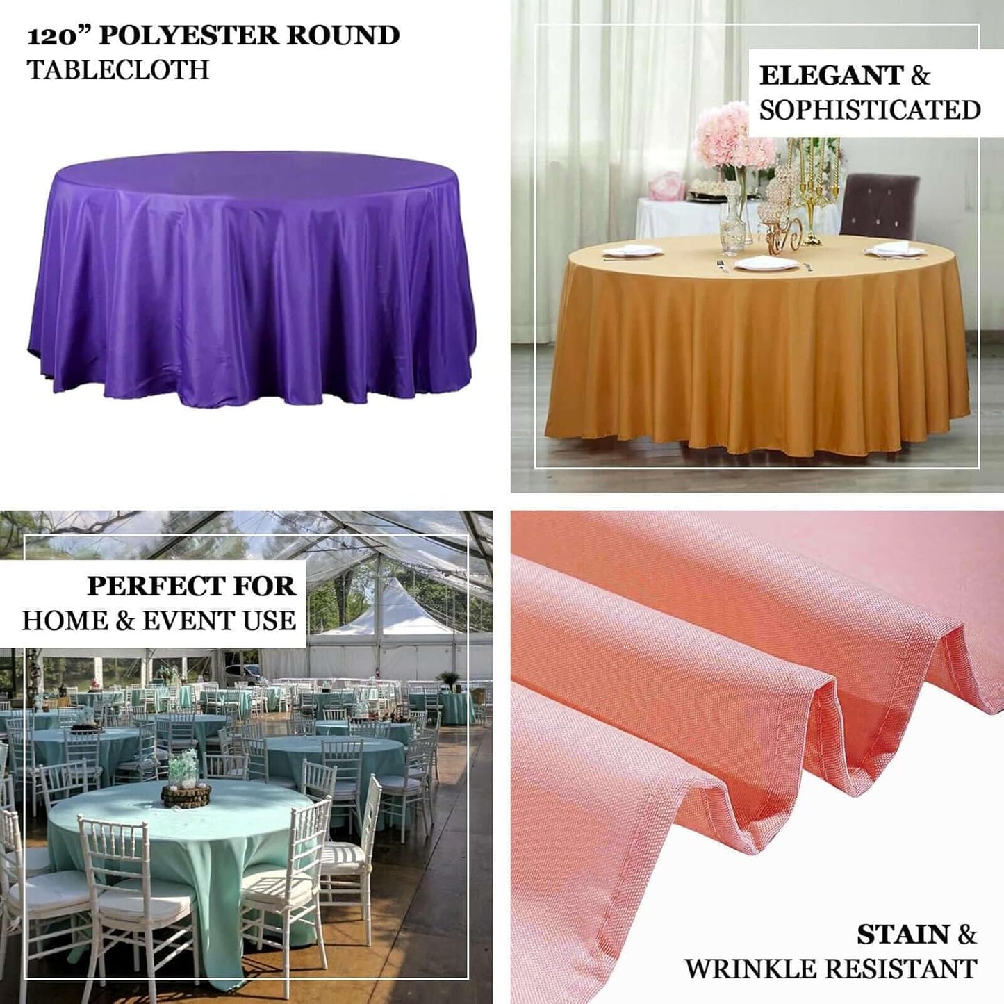 Efavormart Round Tablecloth, 120 Inch Stain & Wrinkle Resistant Washable Table Cloth, Decorative Polyester Fabric Table Cover for Banquet, Wedding, Dining - Purple