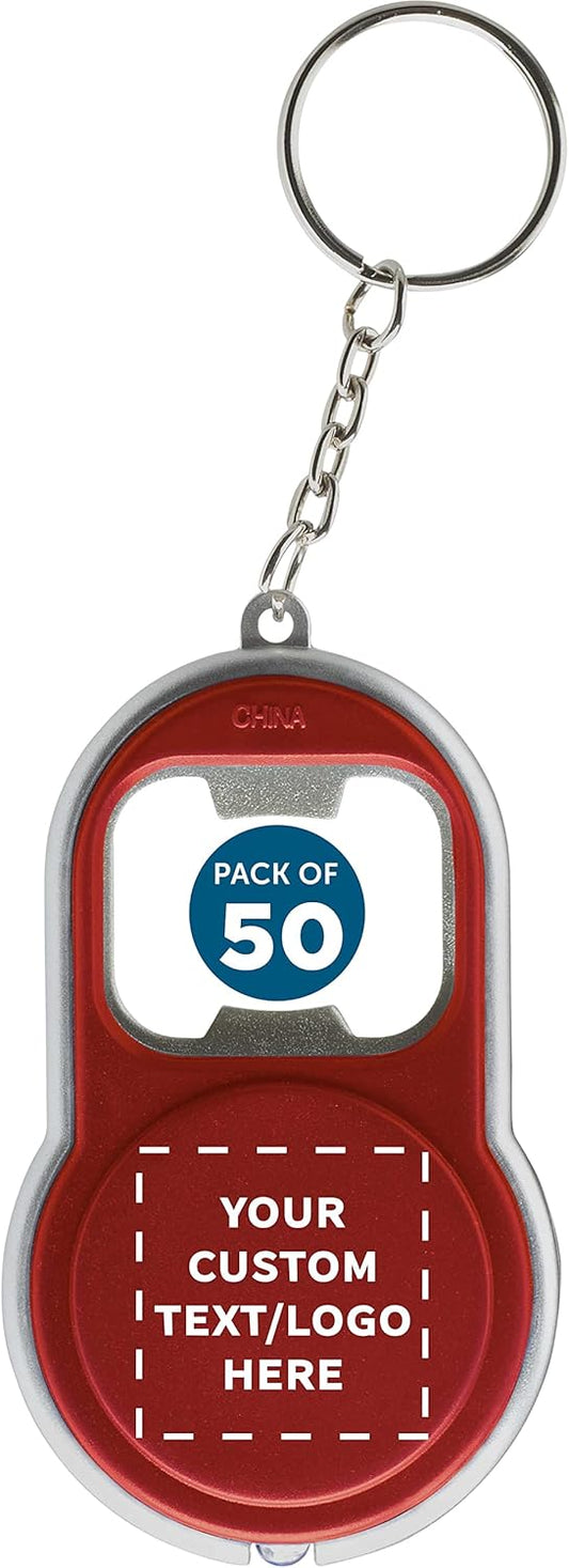 DISCOUNT PROMOS Custom Bottle Opener & LED Keychains Set of 50, Personalized Bulk Pack - Perfect for Tradeshows, Party Favors, Other Events - Red