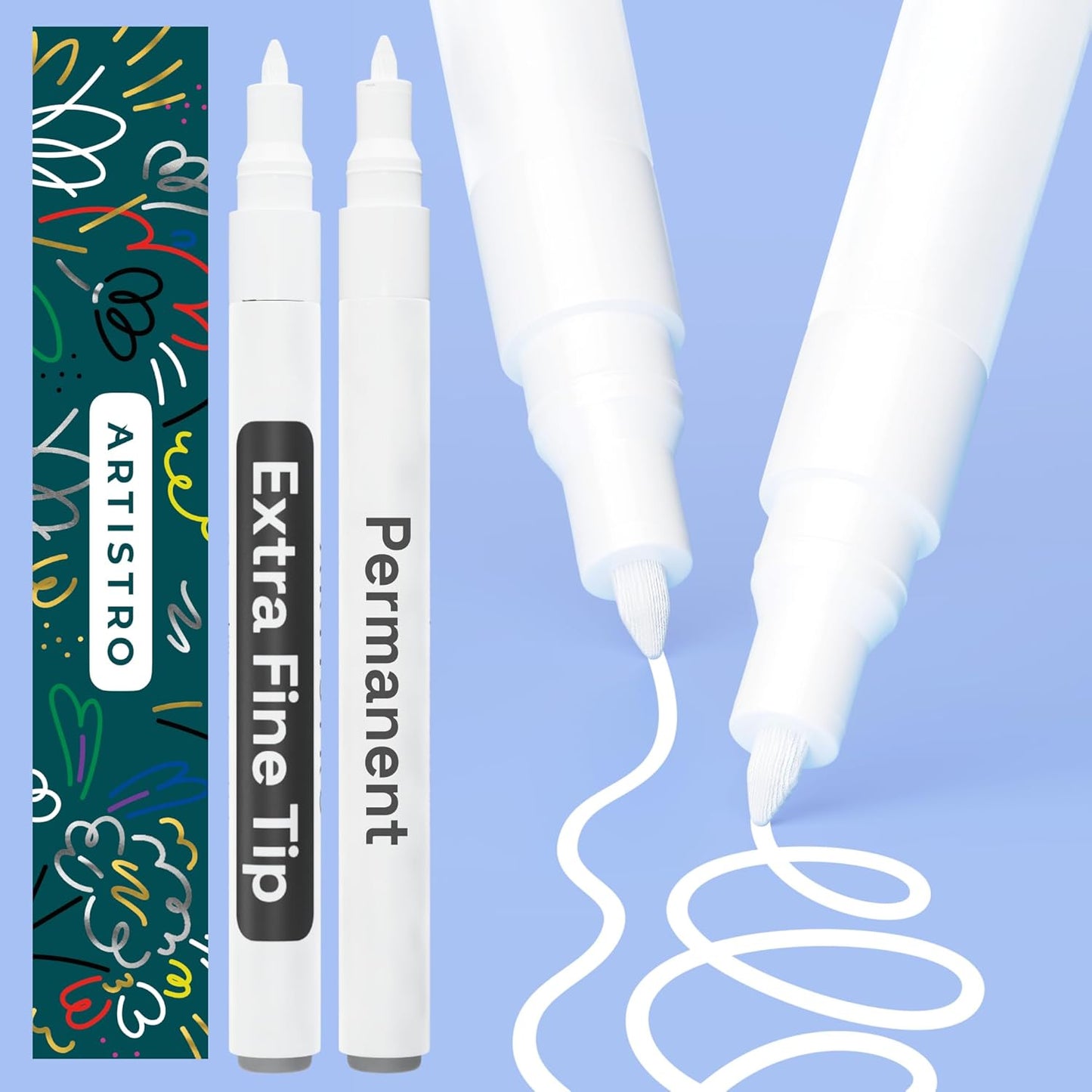 ARTISTRO 2 White Permanent Marker - Waterproof Markers for Tire, Fabric, Rocks, Glass, Ceramic, Wood, Paper - Oil Based Paint Pens - Extra-Fine Tip 0.7mm