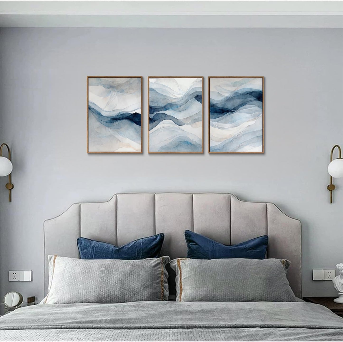 myusuar 3 Piece Large Abstract Framed Wall Art For Living Room, Smoke Texture Ink Navy Blue Canvas Wall Art Modern Minimalist Art Prints Wall Décor For Bedroom Office 16x24in