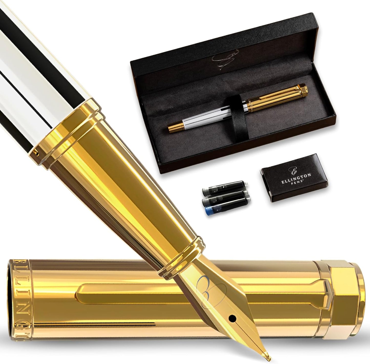 Ellington Pens Luxury Fountain Pen Set- Fountain Pens for Writing - Smooth Fine Nib - Includes Refillable Ink Converter, 3 Ink Cartridges [Black & Blue], Gift Box - Elegant Calligraphy