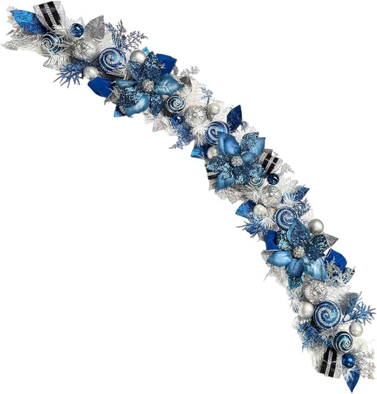 5 ft Christmas Garland for Mantle Unlit Garland for Stairs Railing, Banister, Staircase, Fireplace, for Table No Light, Garland Decor Frosted Red Poinsettia Holiday Tree (Lux Blue Silver)