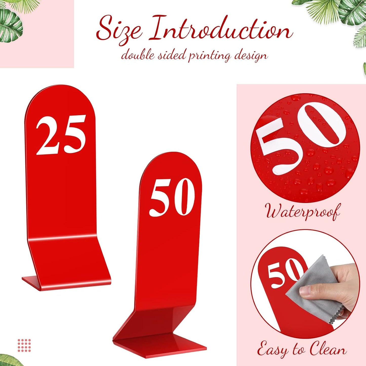 Remerry 50 Pcs Table Numbers 1-50 Acrylic Double Sided Number Cards Acrylic Tent Table Holders Tent Cards Wedding for Restaurant, 2.36 x 6.3 Inch (Red)