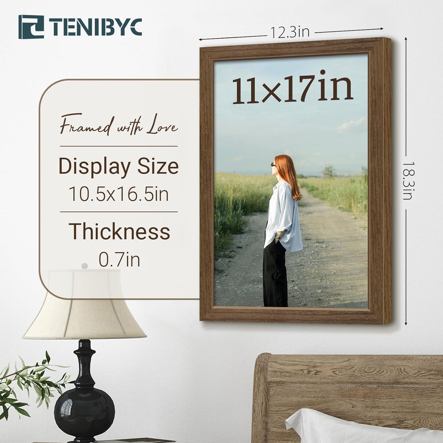 11x17 Picture Frame 3 Pack - Brown Woodgrain, Wood Photo Frame, HD Tempered Glass, Wall Gallery Poster Frame