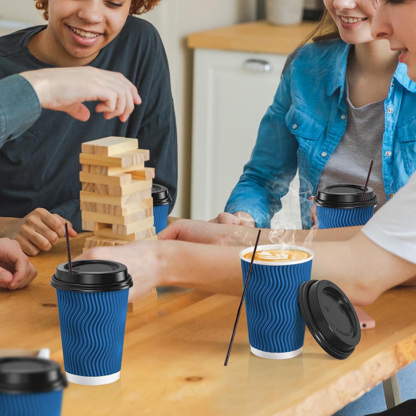 SIUQ 90 Pack 12 oz Disposable Coffee Cups with Lids and Straws, Insulated Ripple Wall To Go Paper Coffee Cups for Coffee, Hot Chocolate and Hot Tea Drinks - Navy
