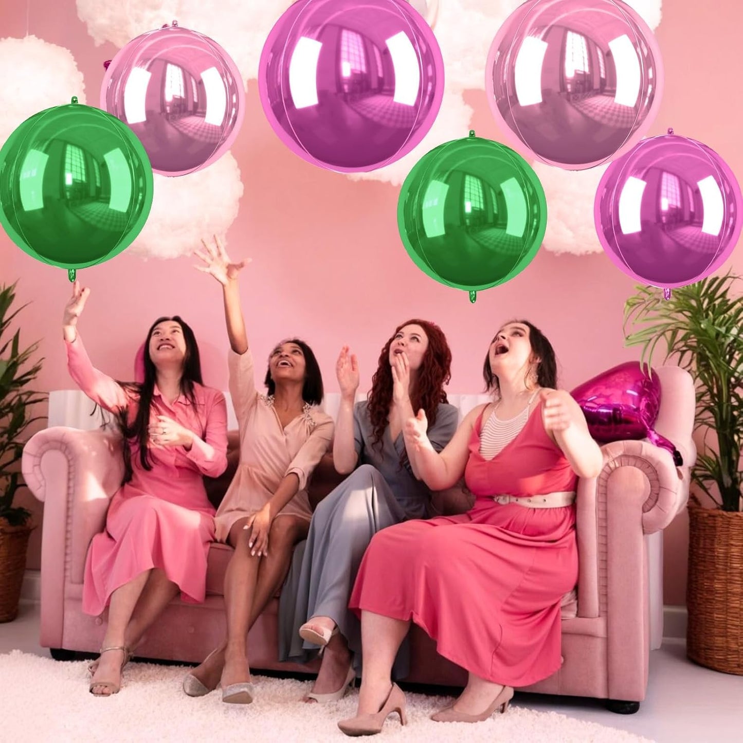 Green Pink Giant 4D Foil Balloons, 6 Pcs Large Metallic Green Pink Black Round Balloons, 22 Inch Big Round Foil Balloon for Summer Birthday Party Baby Shower Graduation Wedding Decorations