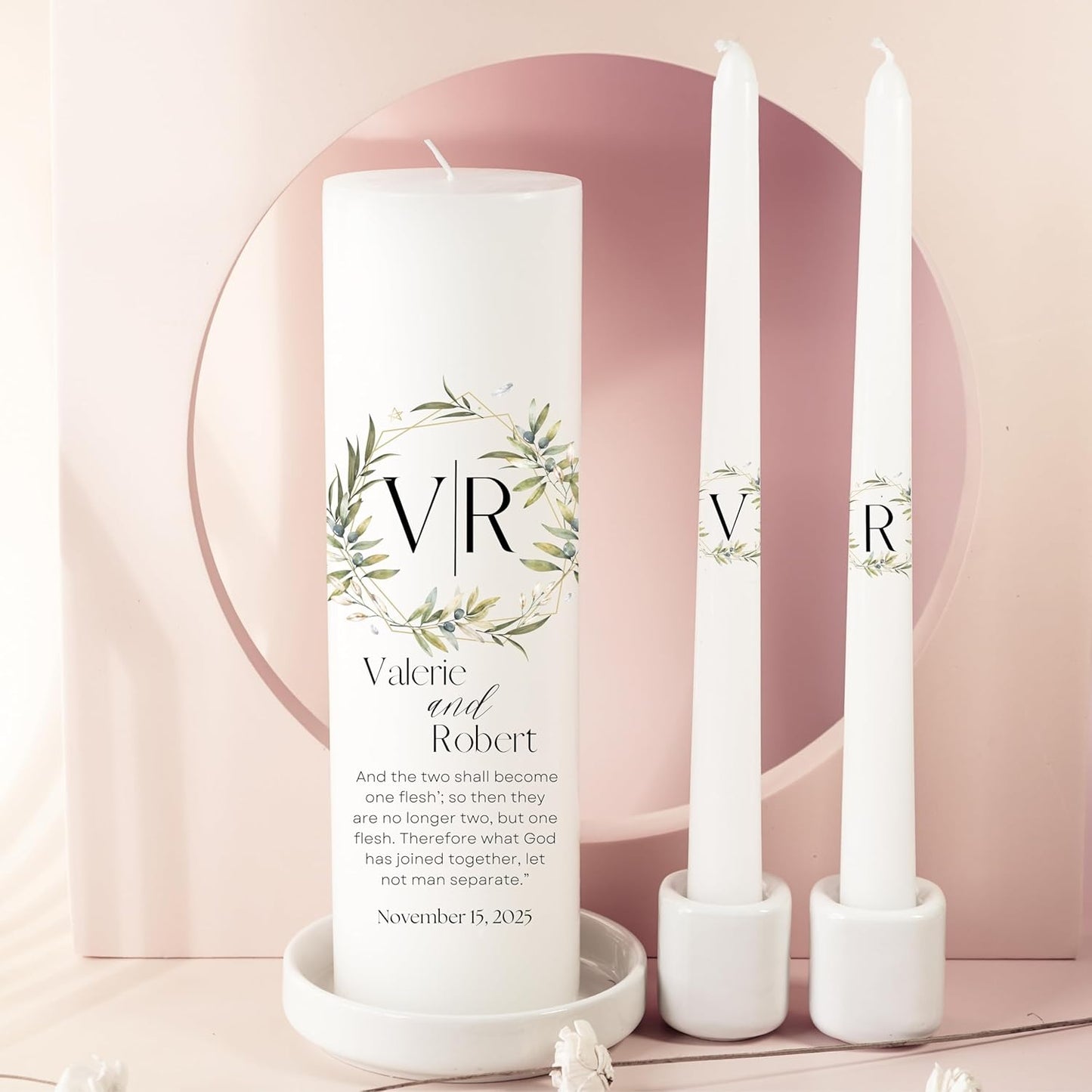 Unity Candles for Wedding, Modern Unity Set, Custom and Personalized Pillar and Taper Candles with Bible Quote, Unscented White Premium Wax, Religious and Wedding Ceremony, Special Events (Garden)
