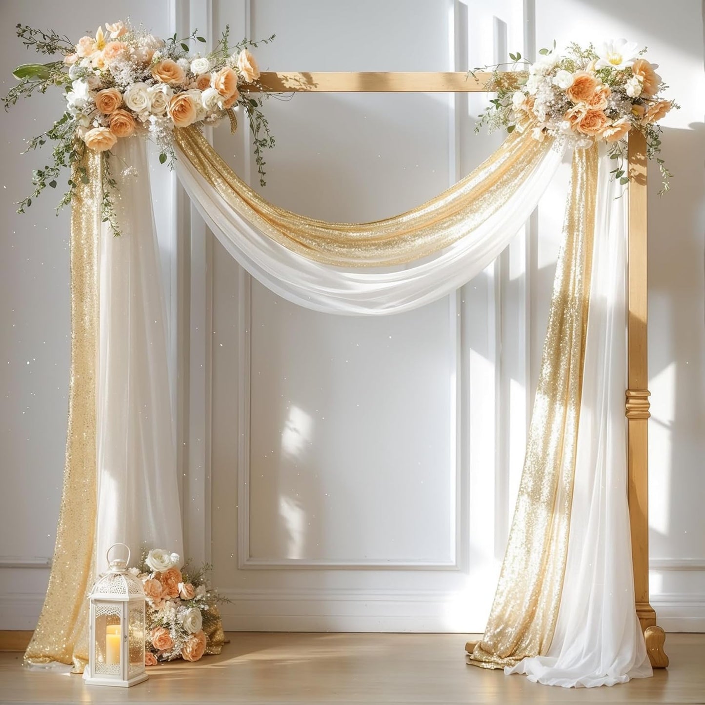 Wedding Arch Draping Fabric, 1 Panel 28" x19ft White Arch Drapes & 1 Panel 16" x19ft Champagne Sequin Fabric Drapes Arbor Backdrop Curtain for Wedding Arch Ceremony Bridal Shower Reception