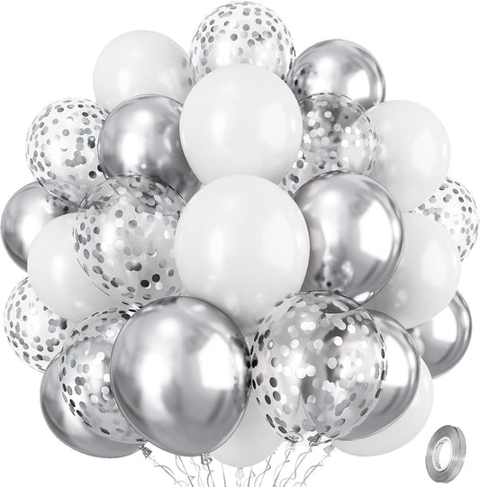 Silver and White Balloons, 12 Inch Metallic Silver White Latex Balloons Set Decor with Silver Confetti Helium Balloons for Boys Girls Birthday Party Baby Shower Wedding Graduation Party Decorations