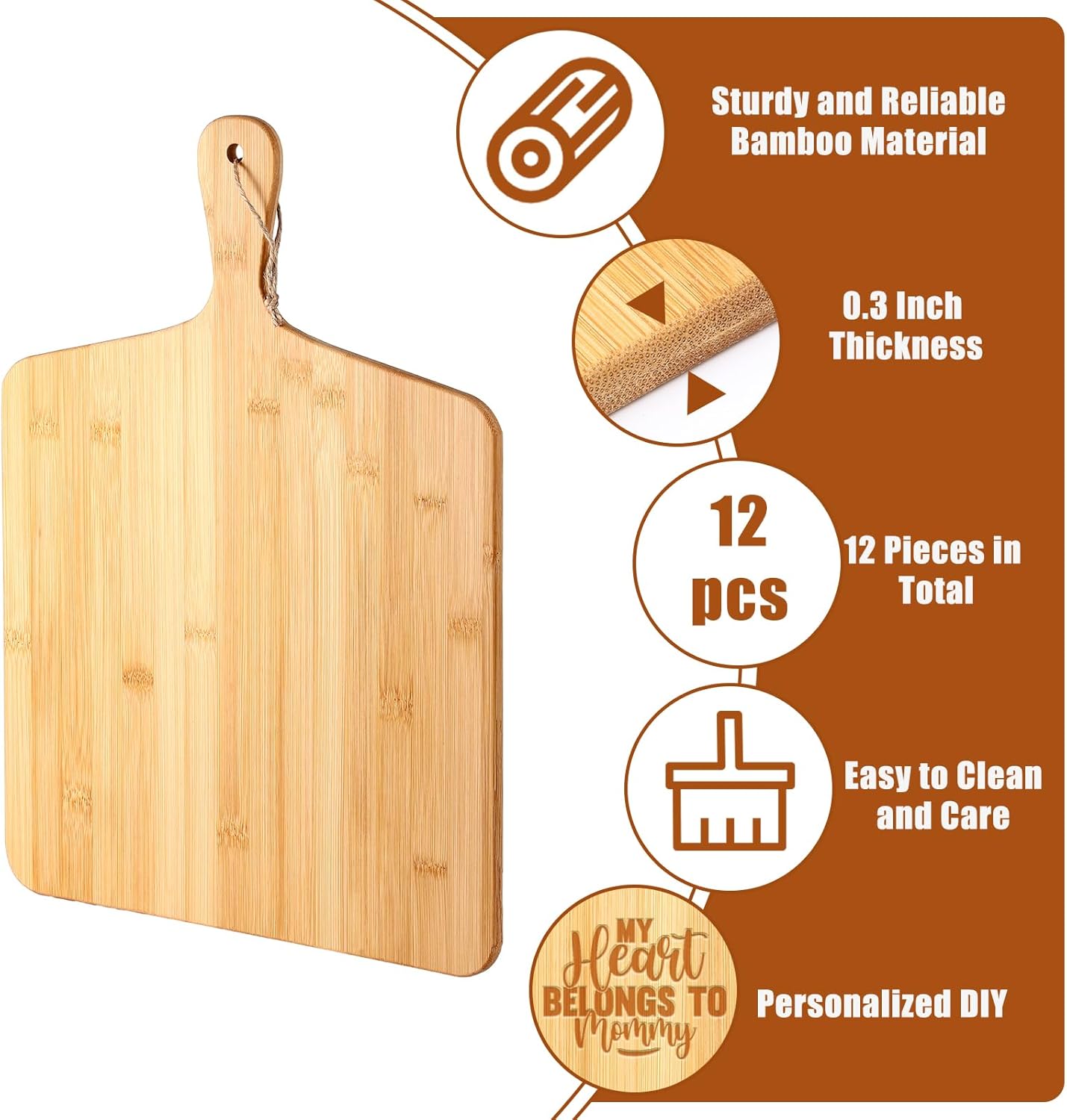 Patelai 12 Packs Wooden Cutting Board Set with Handles Large Kitchen Serving Plain Chopping Board Bulk Gifts for Mom for Vegetables Meat Pizza Cheese Fruit Bread(Bamboo,17 x 13 Inch)
