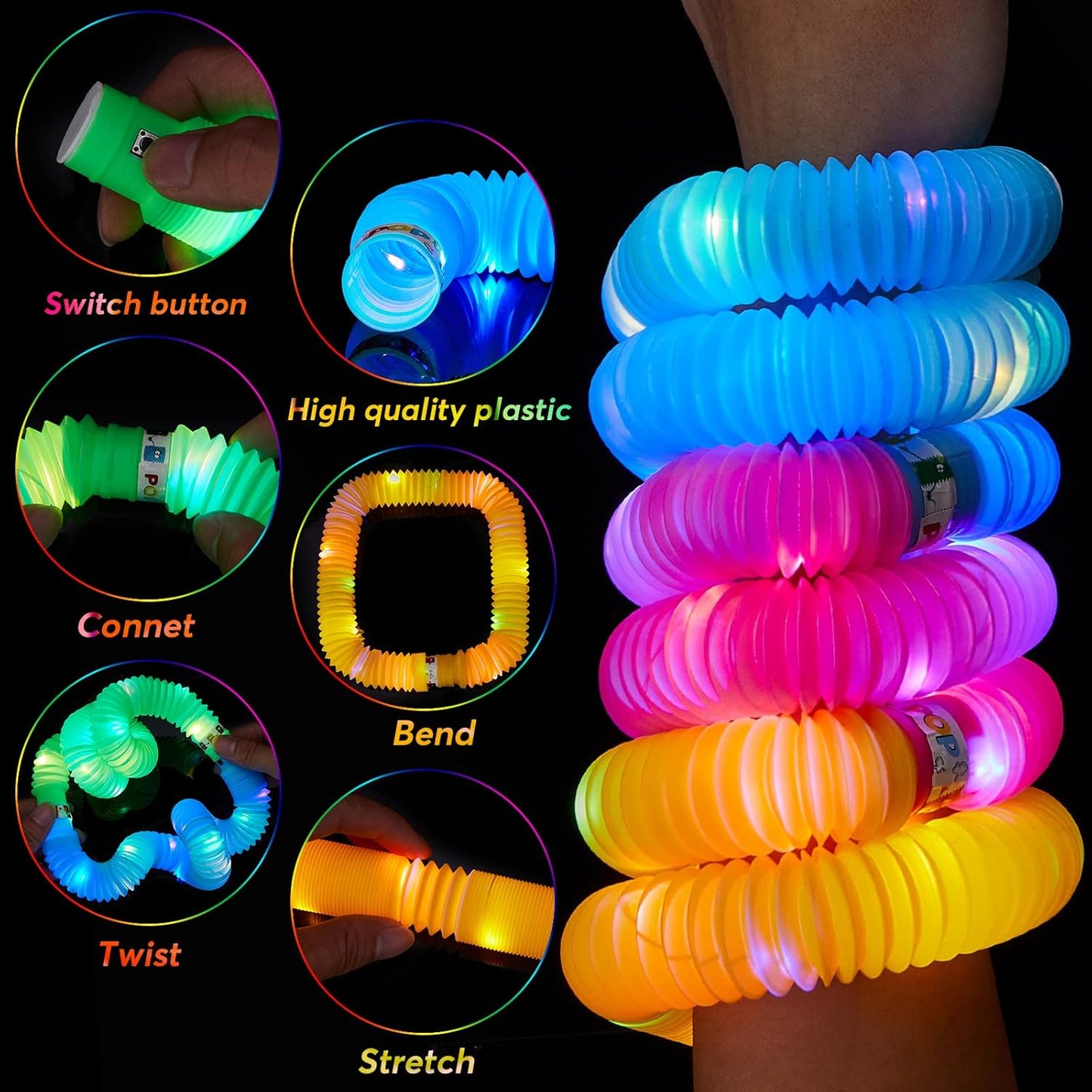 24 PCS LED Pop Tubes, Light Up Glow Tubes, Glow in the Dark Party Supplies, Sensory Toys Birthday Party Favors for Kids, Light Up Toys
