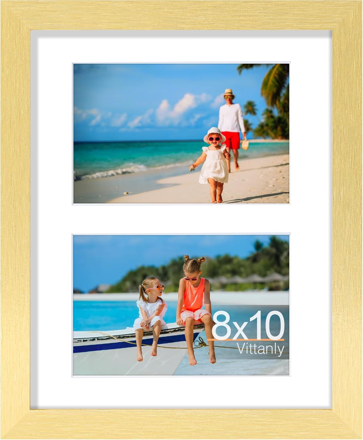 Vittanly 8x10 Collage Picture Frame, Displays 2Pcs 4x6 Pictures with Mat, Photo Frame for Wall Mounting or Table Top with Stand, Gold, 1 Pack
