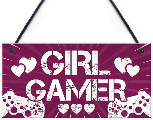 Rustic Wooden Signs for Girl Gamer Bedroom - Novelty Door Sign, Wall Art Decor for Kitchen, Cafe, Pub - Gamer Gifts for Women Birthday - 6x12 Inch