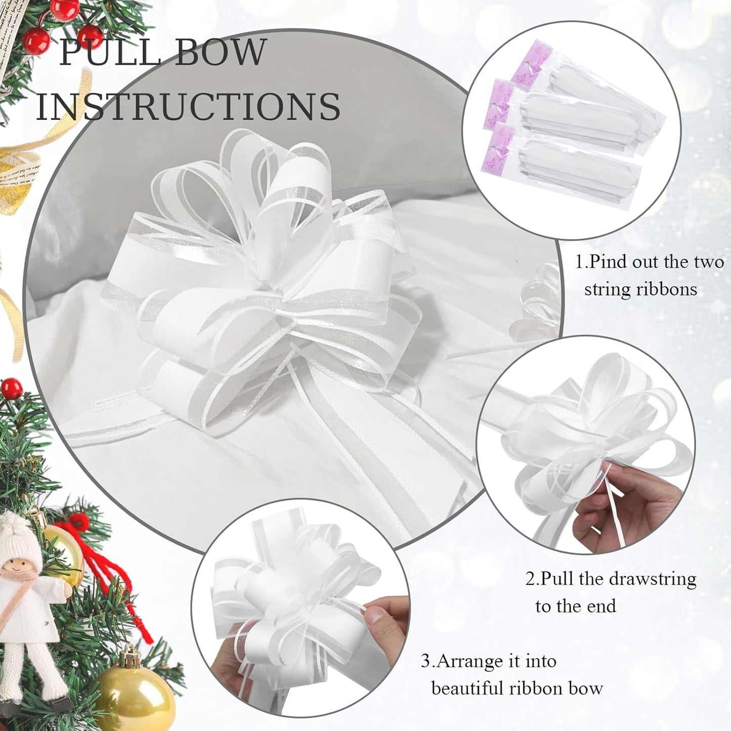 6 Pieces Large Pull Bows,6 inches,Bow for Gift Wrapping,Pull Bows for Christmas Party Birthday Gift Wedding Baskets,Valentine's Day Gift Decorations, Flower Decorations (White), BE-03