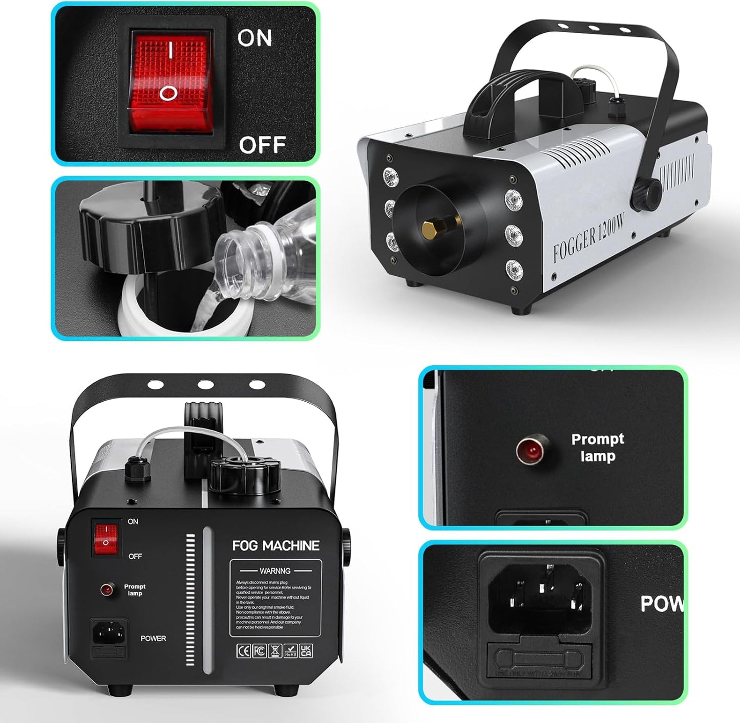 1200W RGB Fog Machine, 6 Colorful LED Lights for Smoke Machine Indoor/Outdoor Use, Perfect for Halloween Parties, Weddings, and Stage Effects 4PC