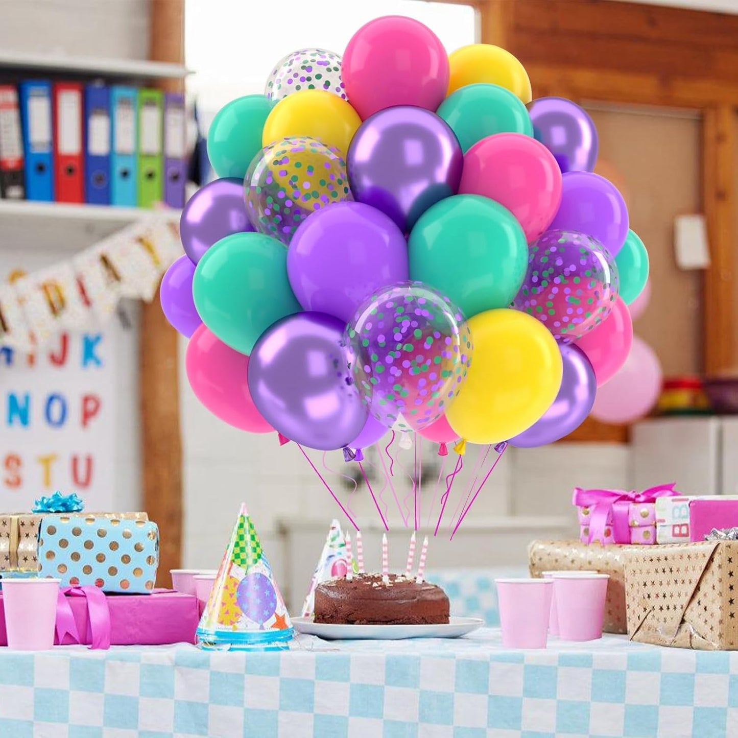 Patimate Birthday Balloons Set, 50 pcs 12 inch Hot Pink Metallic Purple Yellow Teal Confetti Latex Balloons Kit for Kid's Birthday Baby Shower Magic Theme Party Decorations