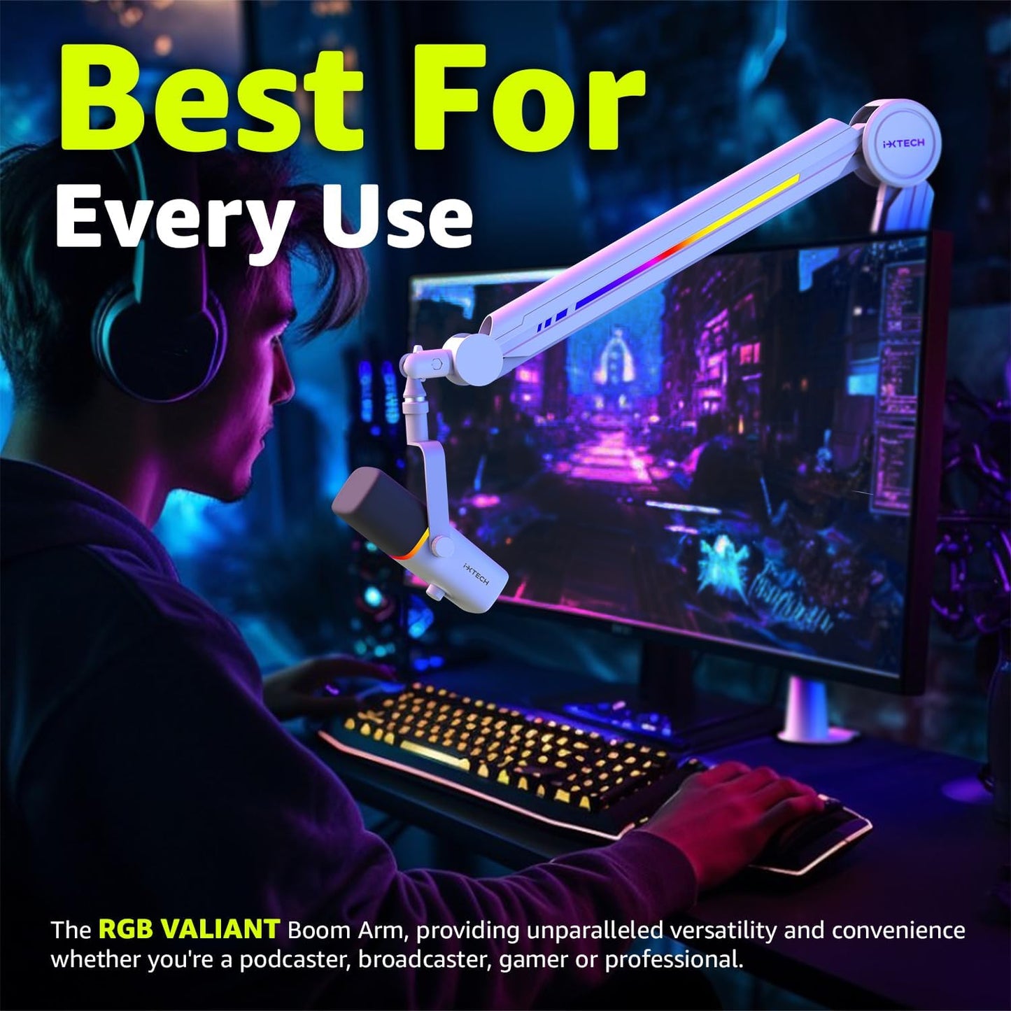 IXTECH RGB Mic Boom Arm High Profile, Overhead Boom Arm Microphone Stand Desk Mount, Adjustable Microphone Stand with Desk Mount, Mic Arm for Live Streaming Gaming Podcasting Recording.