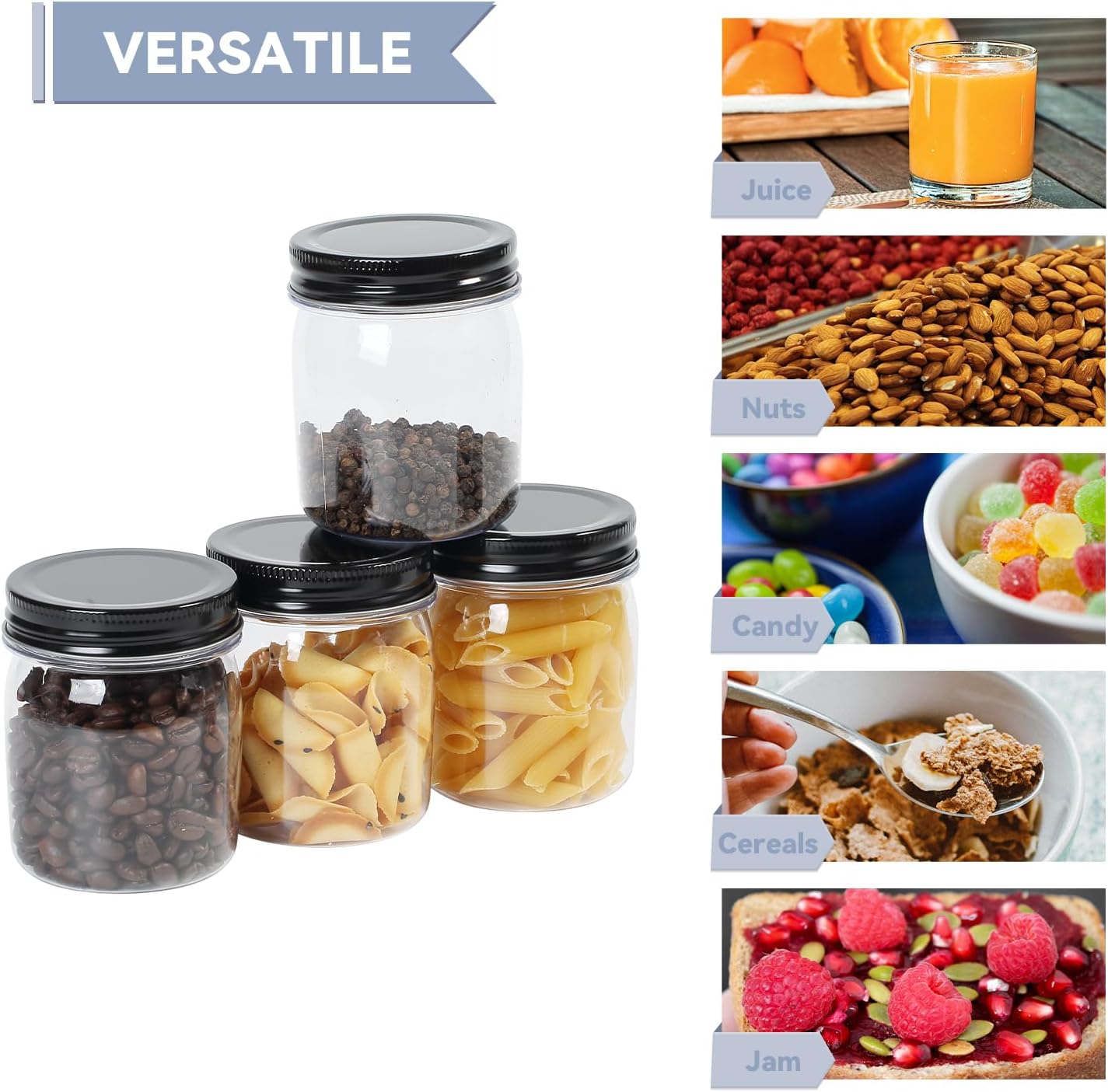 novelinks 8 oz Clear Plastic Jars with Screw-On Lids - BPA-Free Refillable Storage Containers for Slime, Spices, Crafts, Kitchen & Home Organization (8 Pack,Black)