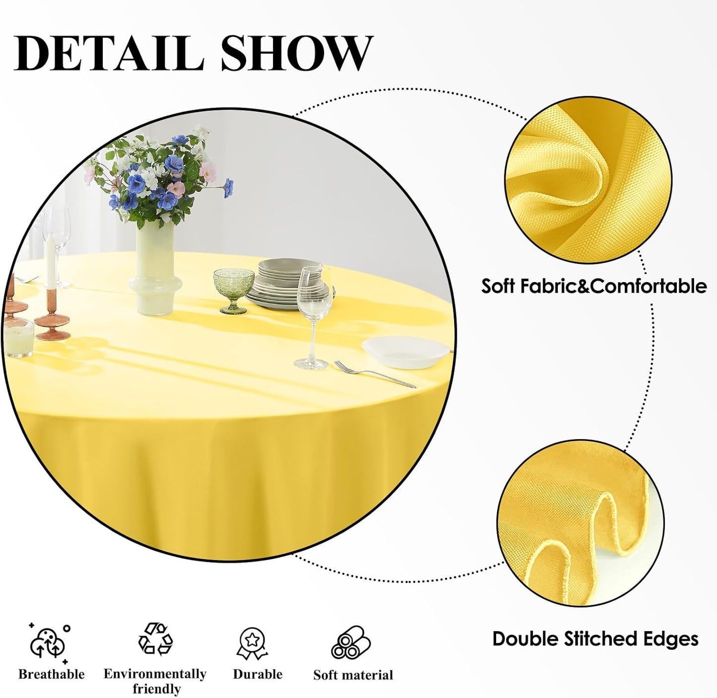 Round Tablecloth 120 Inch 6 Pack Yellow Tablecloths Washable Decorative Linen Polyester Table Clothes Cover for Dining Table Banquets Buffet Parties and Wedding