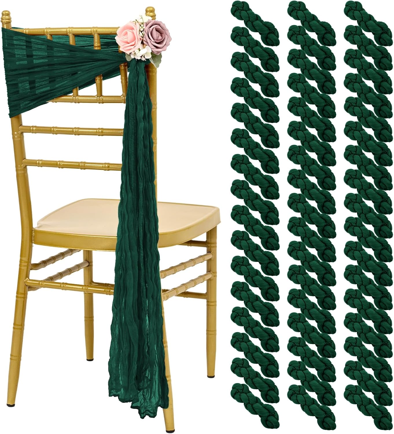 50 PCS Cheesecloth Chair Sashes, Bows Designed ChairSashes, 15.7x108 inch Chair Sashes for Aisle Decorations Universal Chairs Cover Decoration for Wedding Reception Party Banquet (Emerald Green)