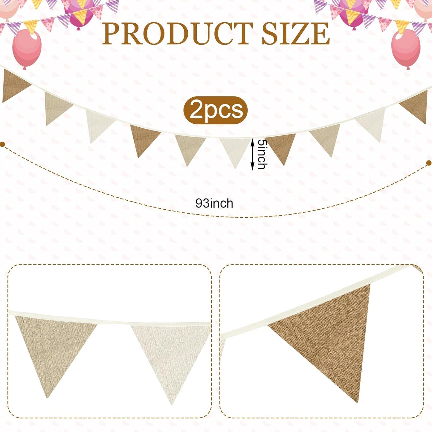 Oudain 15.5 ft Pennant Banner Flags, 2 Pcs Nursery Garland Triangle Bunting Flag Baby Banner for Nursery Decor Baby Birthday Boho Wedding Shower Party Event, Each 7.75 ft(Simple Color)