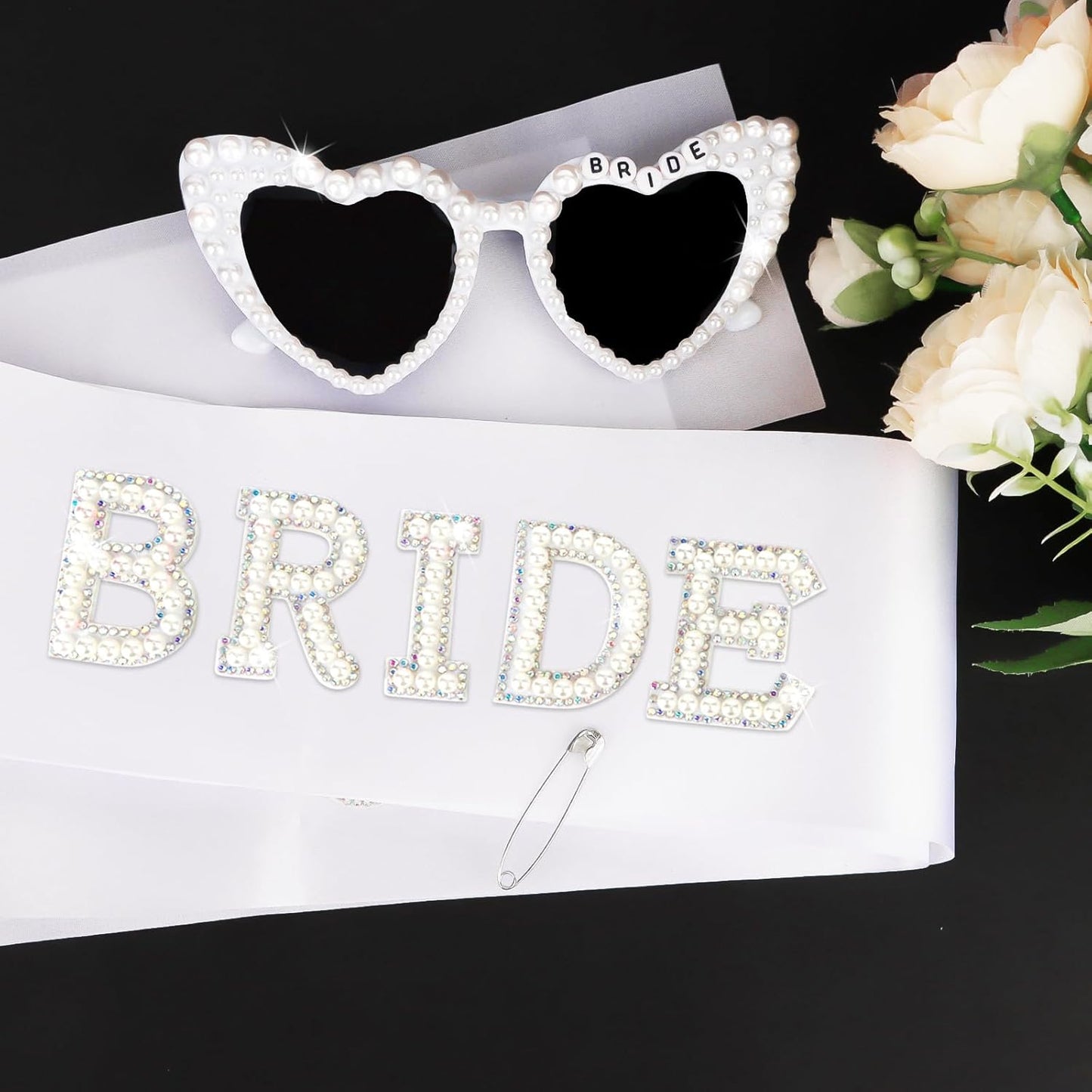 White Bride Sash & Heart Sunglasses Set Bachelorette Party Decorations Bridal Shower Engagement Party Decorations