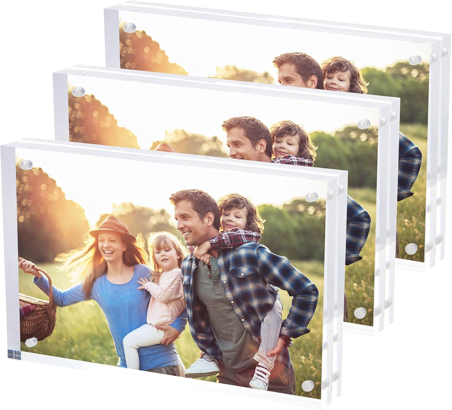 SimbaLux Magnetic Acrylic Picture Photo Frame 4x6 inches (3 Pack), Clear Glass Like, Double Sided Frameless Desktop Floating Display, Free Standing, Easy to Change