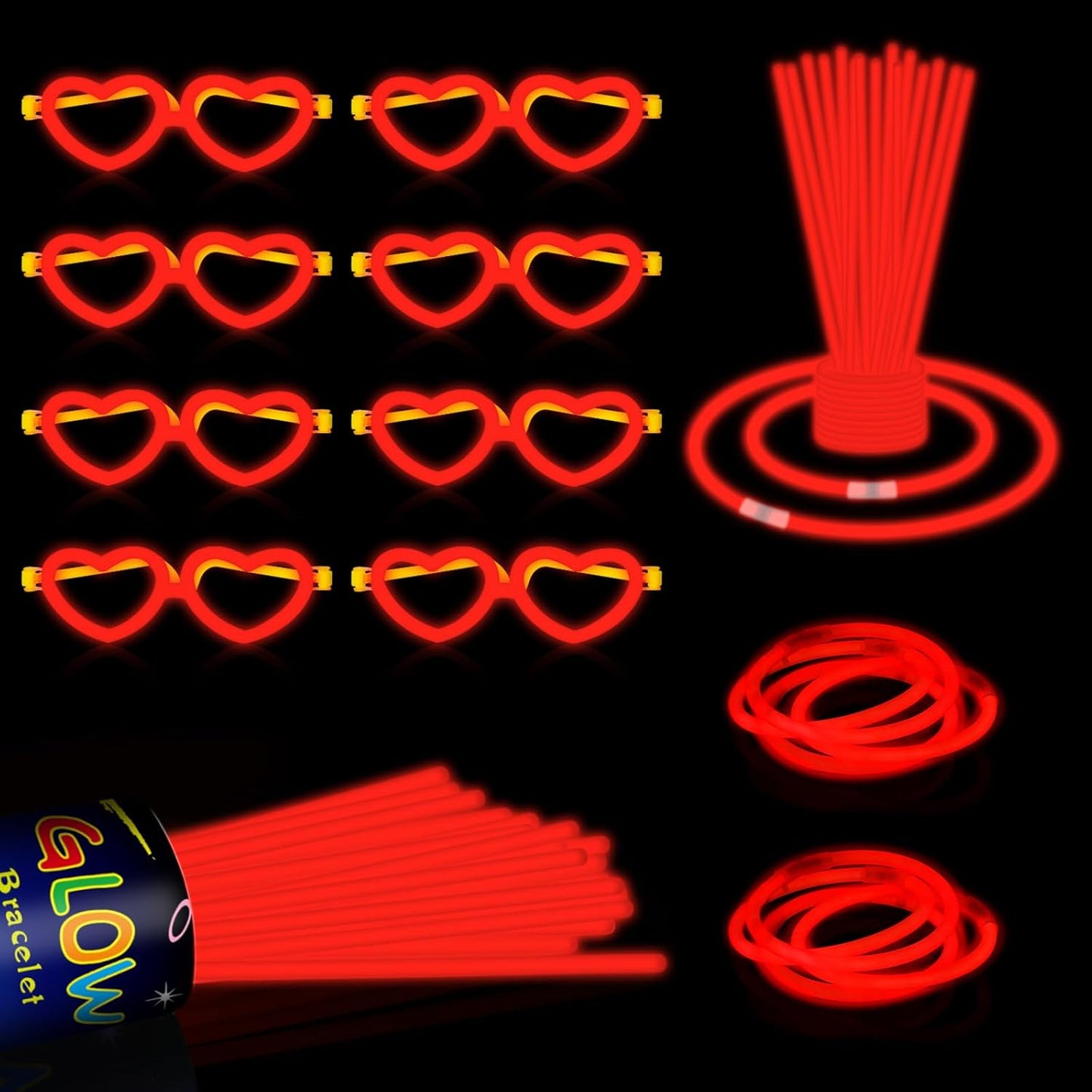 60 Pack 8” Red Glow Sticks Bulk Bright Glow Sticks with 60 Connectors 20 Heart Glasses Glow In The Dark Party Supplies Neon Party Decorations Glow Bracelet Glasses for Holiday Carnival(Red)