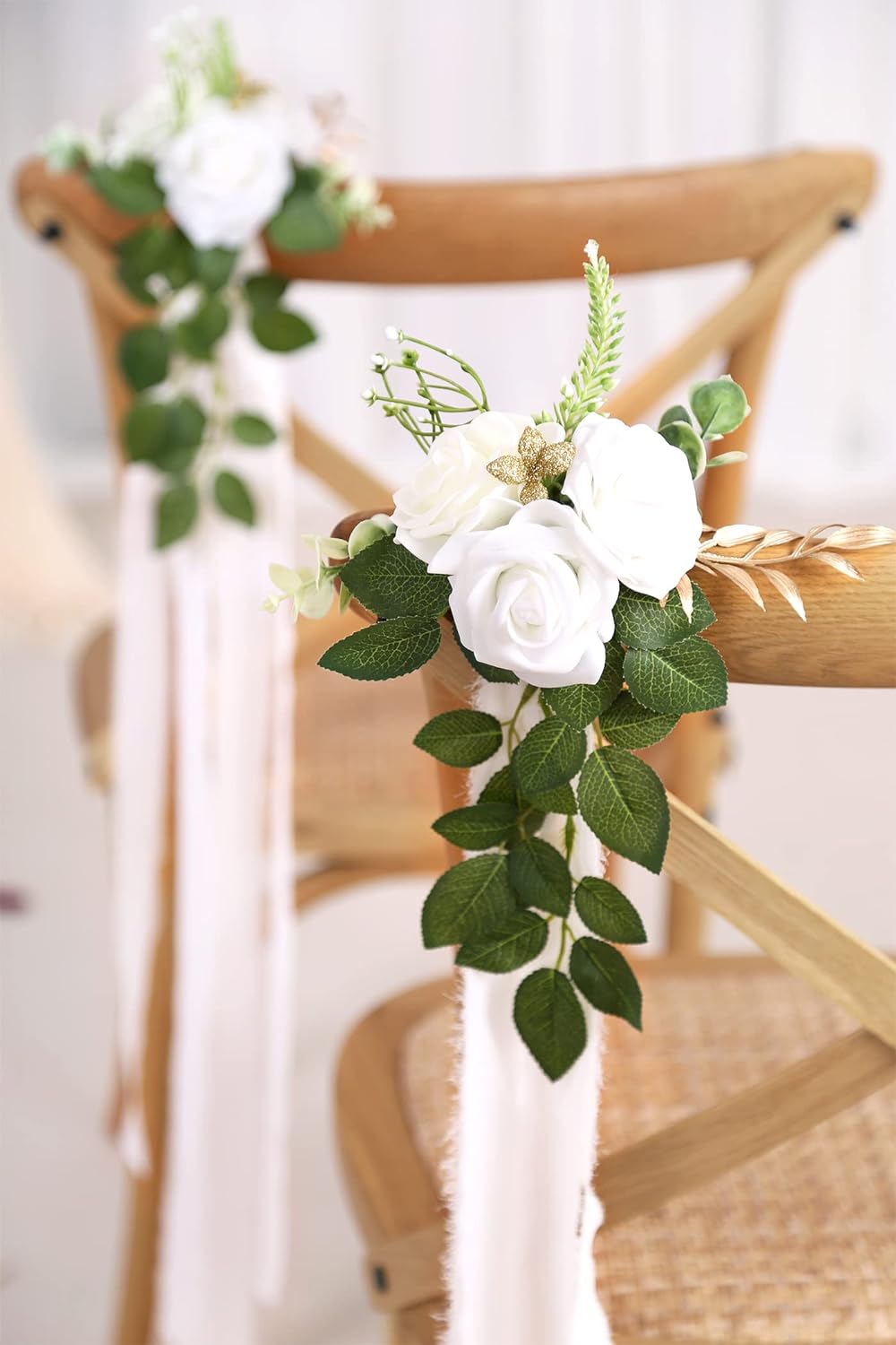Wedding Aisle Decorations for Wedding Ceremony Set of 10 Pew Flowers for Church Chair Decorations Party Decor with Artificial Flowers Eucalyptus and Ribbons White