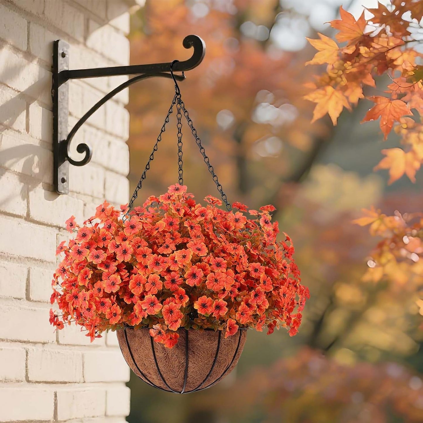 Hananona 18 Pcs Artificial Mum Flowers for Outdoors, Faux Fall Mums Silk Flower for Outside, Fake Orange Flowers for Fall Patio Front Door Planter Autumn Halloween Home Decorations (18, Orange)