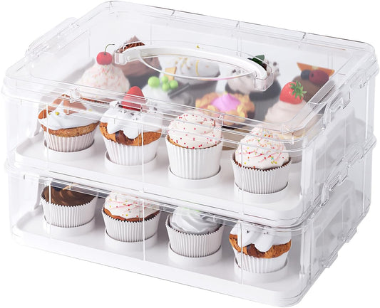 Two Tier Cupcake Carrier, White Stackable Cupcake Holder Carries for 24 Standard-Size Cupcakes, Reusable Detachable Cupcake Box